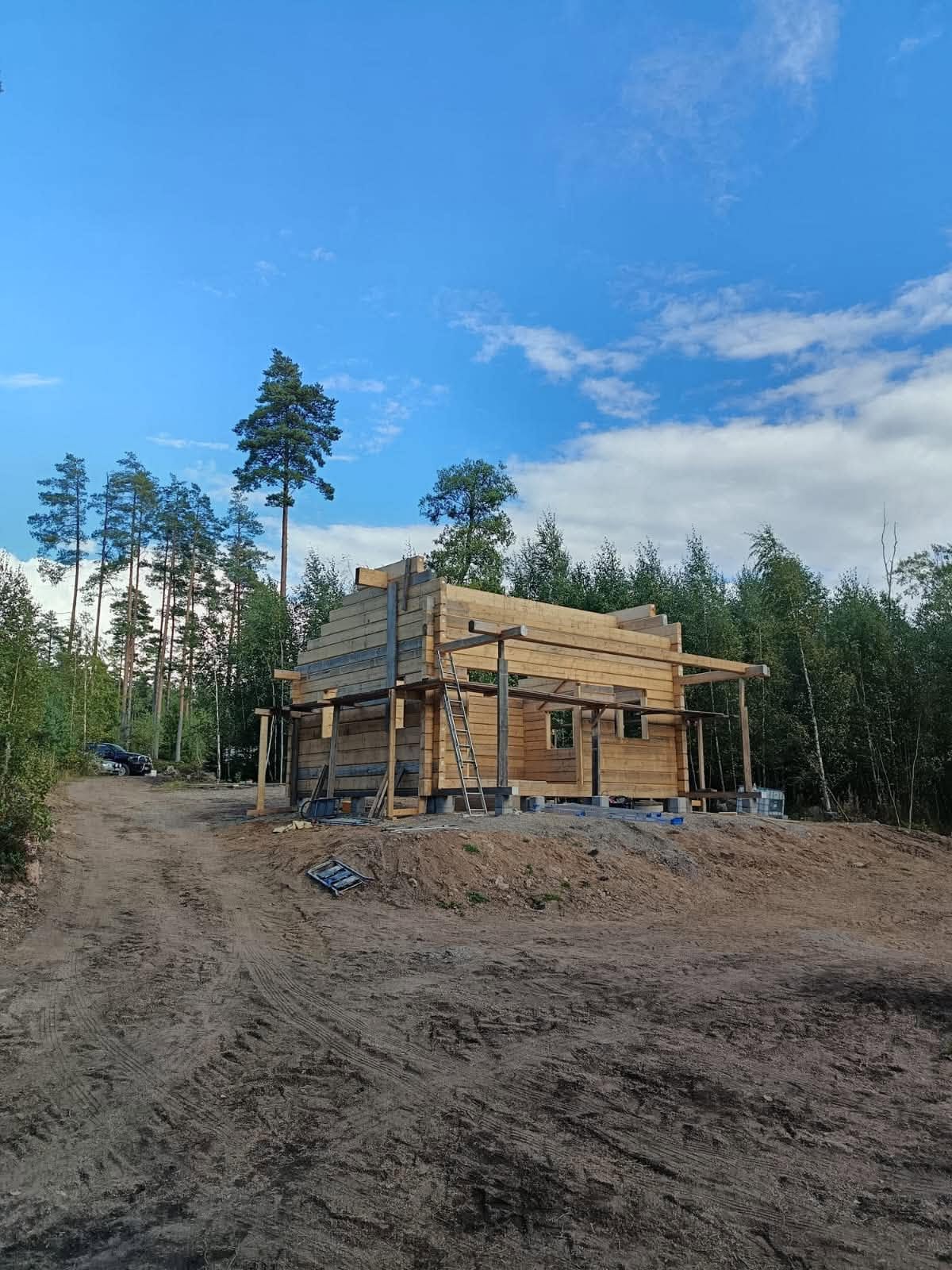 Hirsikehikko rakentumassa aurinkoisella metsätyömaalla.